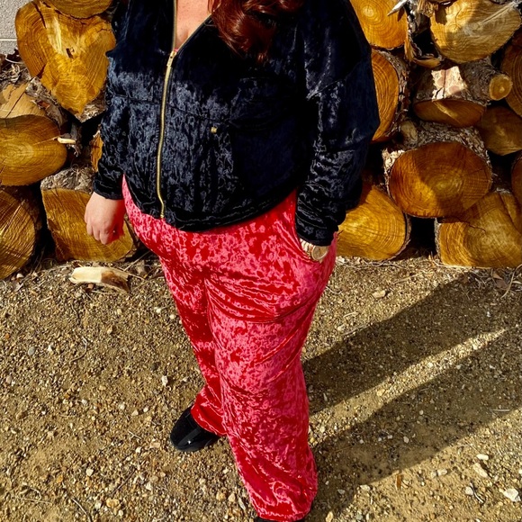 Fabletics Pants - Fabletics Crushed Velour black zip up hoodie & Crushed Velour wide leg pant Red